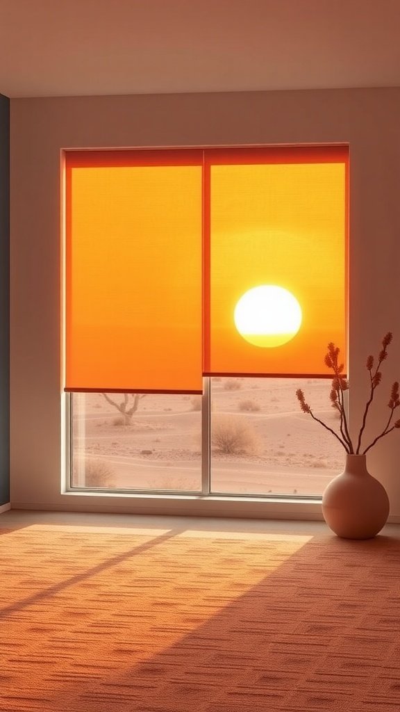 A luxurious interior with blinds and a view of a desert sunset, capturing the essence of the Lars Homestead.