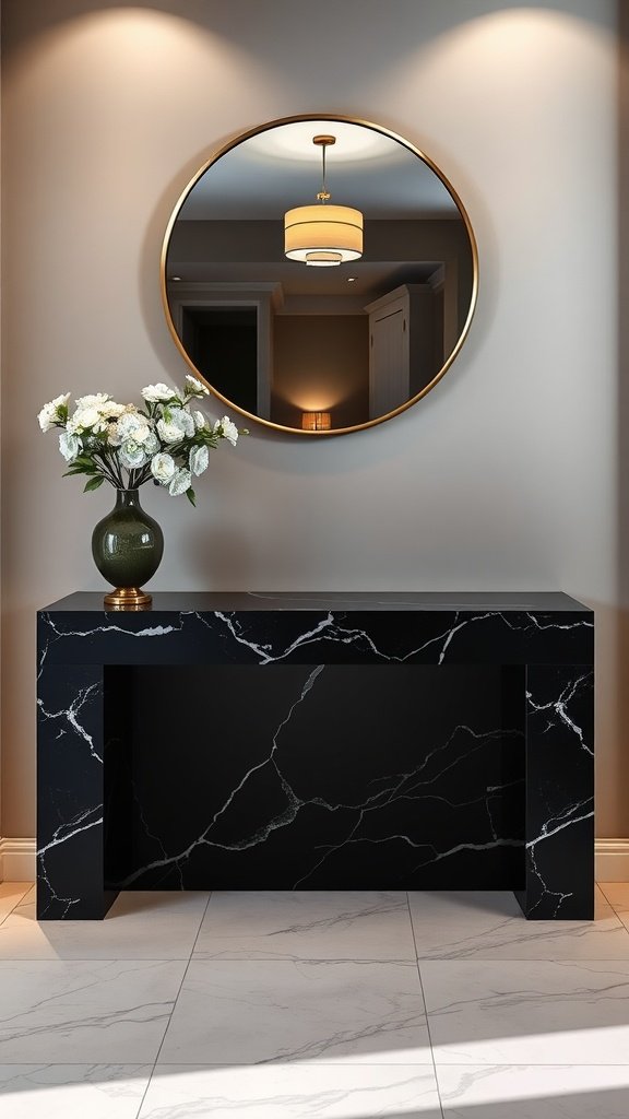 A luxurious black marble console table with white veining, adorned with a vase of white flowers and a round gold-framed mirror above it.