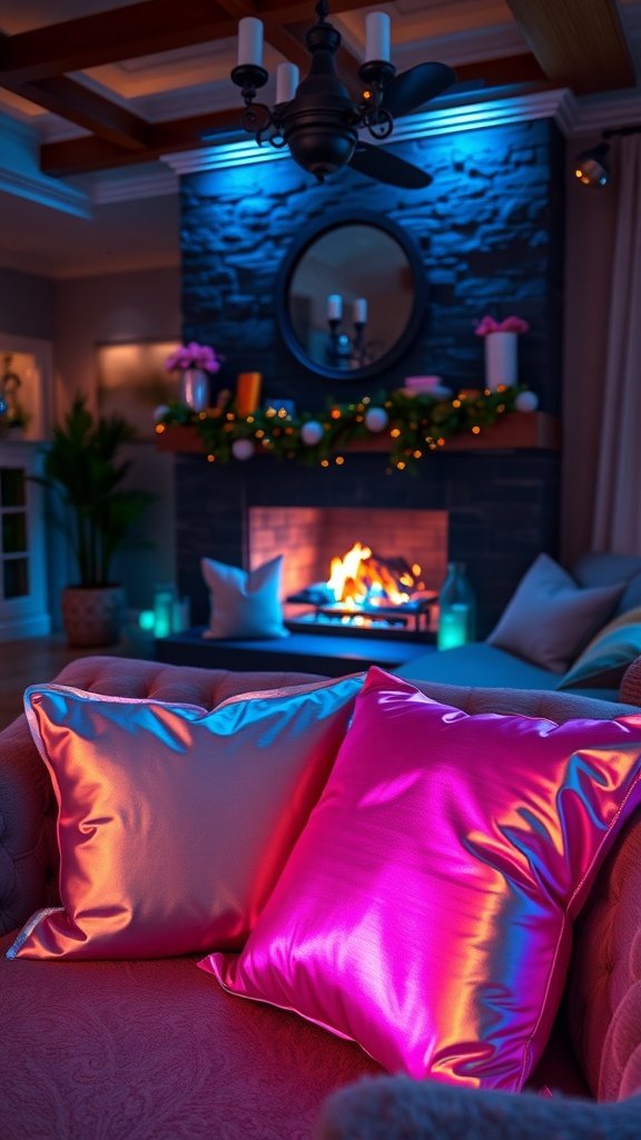 Cozy living room featuring the Aurora Cushion Collection with vibrant cushions and a warm fireplace.