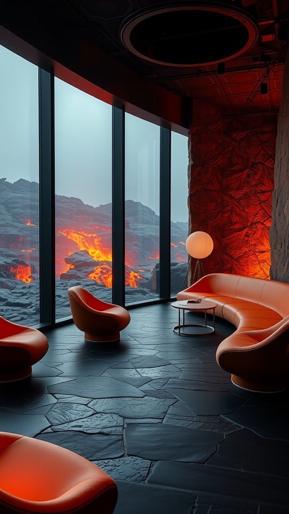 A chic lounge area with orange seating and a view of lava ridges from Mustafar.