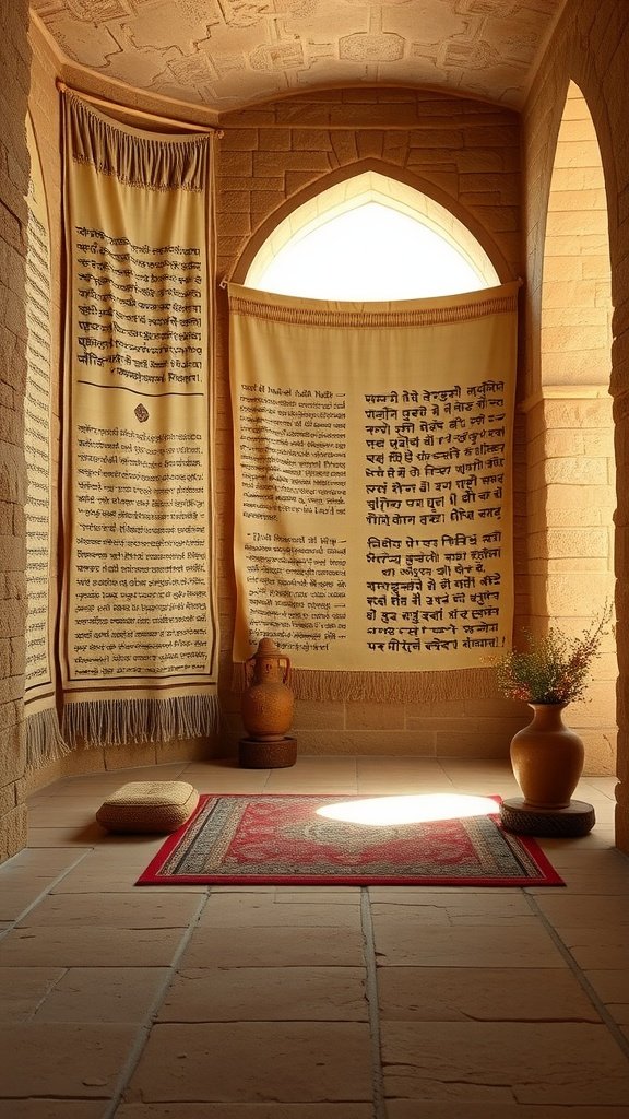 A serene interior featuring large wall hangings with scripts, arched windows, and simple furnishings in a stone setting.