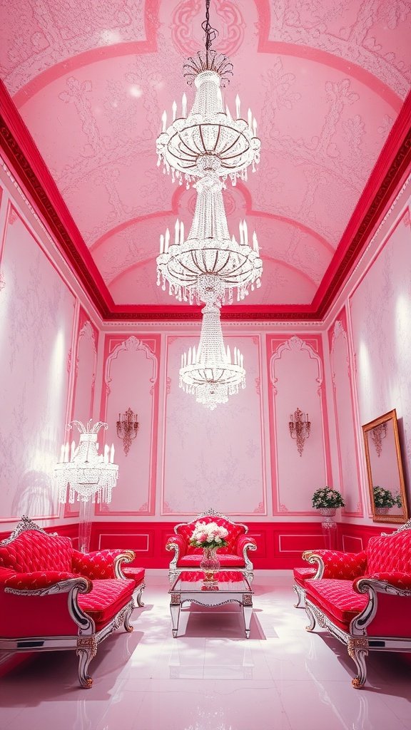An elegant room featuring crystal chandeliers, pink walls, and luxurious furniture, inspired by Star Wars.