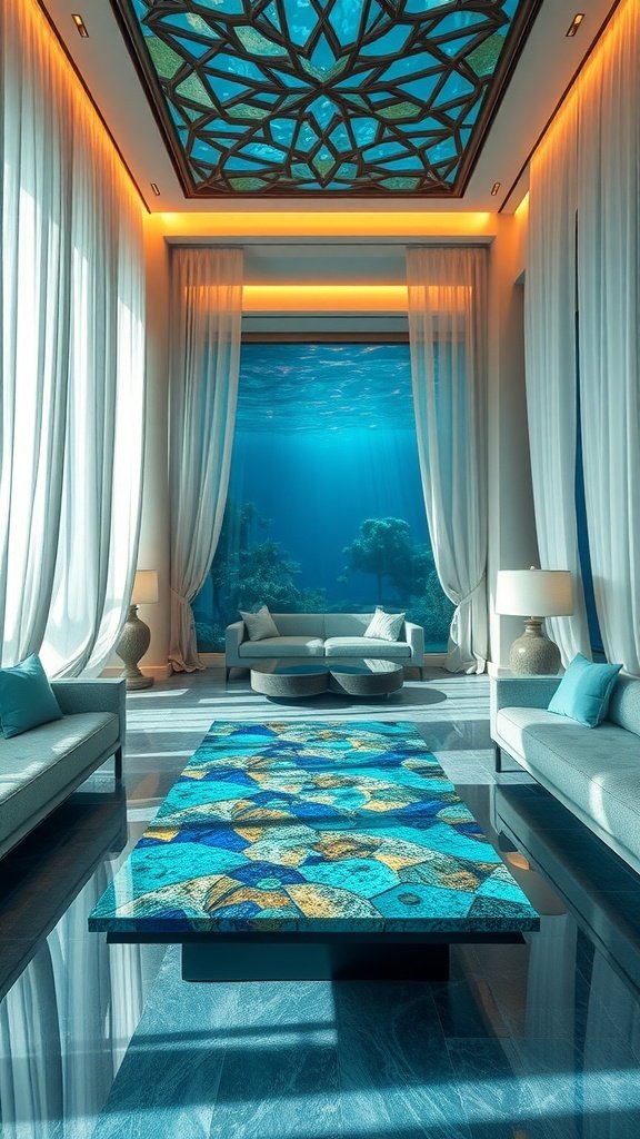 A luxurious living room featuring a mosaic coffee table inspired by the ocean, with large windows providing an underwater view.