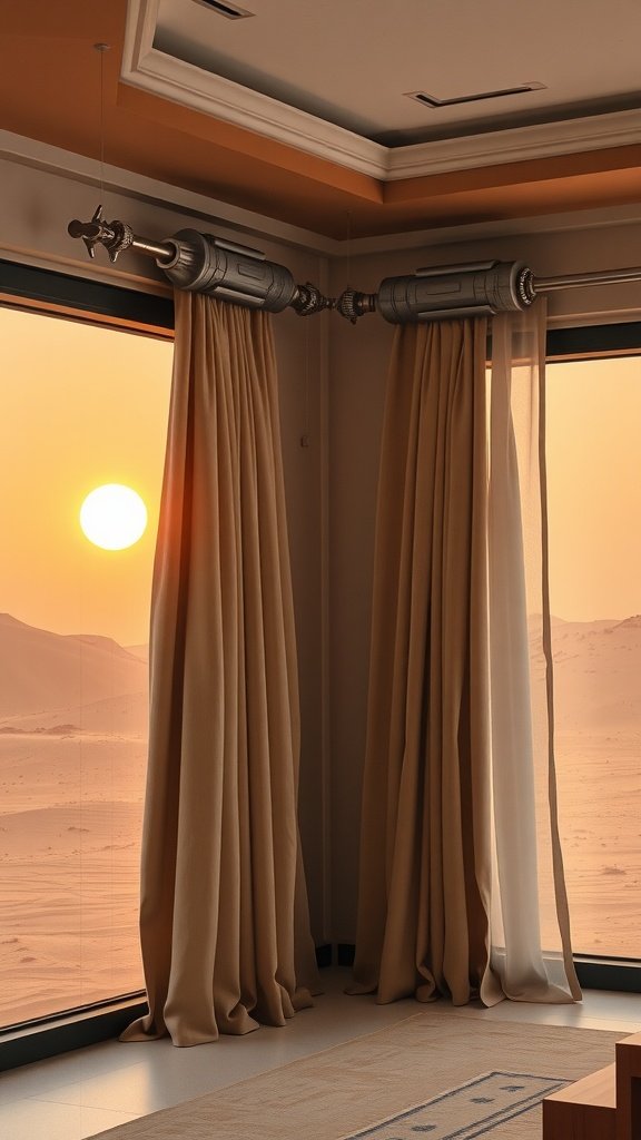 Dune Drift Curtain Rods with elegant beige curtains and sunset view over Jakku's desert landscape.