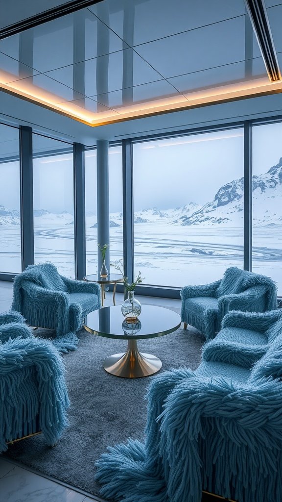 A modern interior inspired by Csilla, featuring blue frayed throws on plush chairs and a sleek glass table, with snowy landscapes visible through large windows.