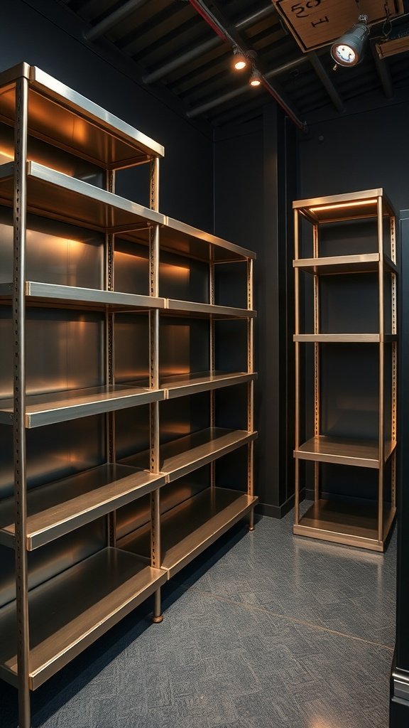 Starforge Shelving units with a metallic finish, set in a sleek and modern space, designed for luxury and functionality.