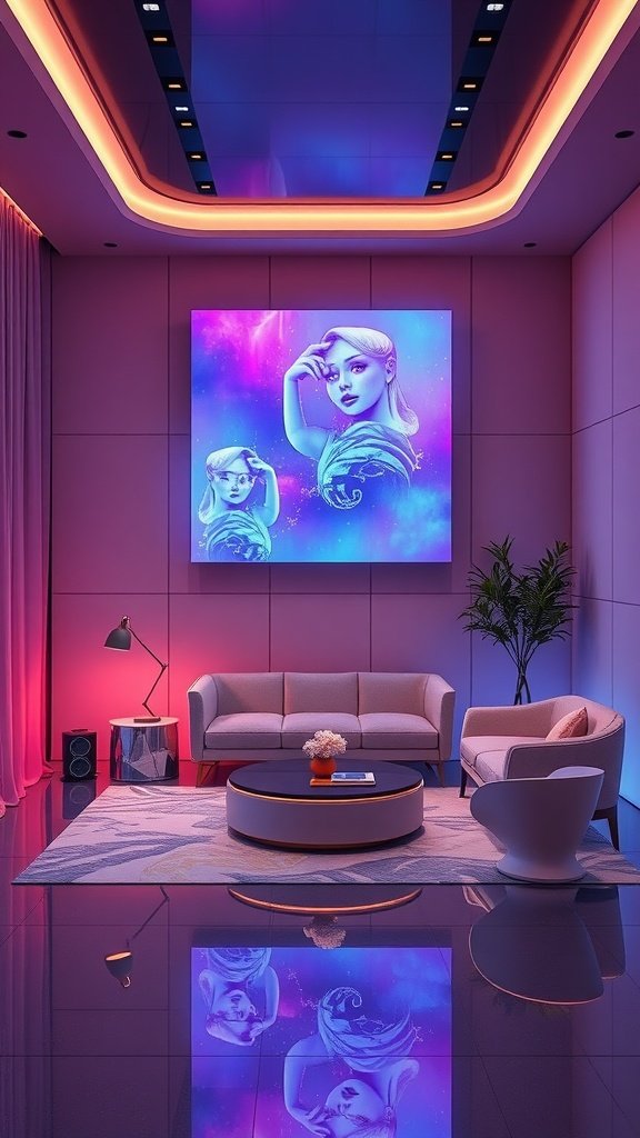A luxurious living room with holosilk wall panels, modern furniture, and ambient lighting.