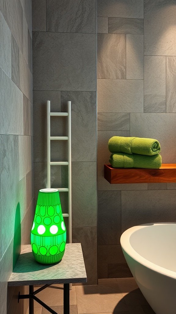 A luxurious spa suite inspired by Dagobah, featuring a green mist diffuser, plush towels, and modern accents.