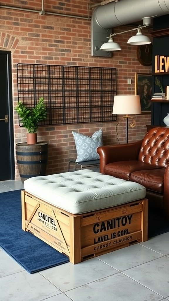 A Corellian cargo crate styled ottoman with a tufted top, set in a luxurious living room