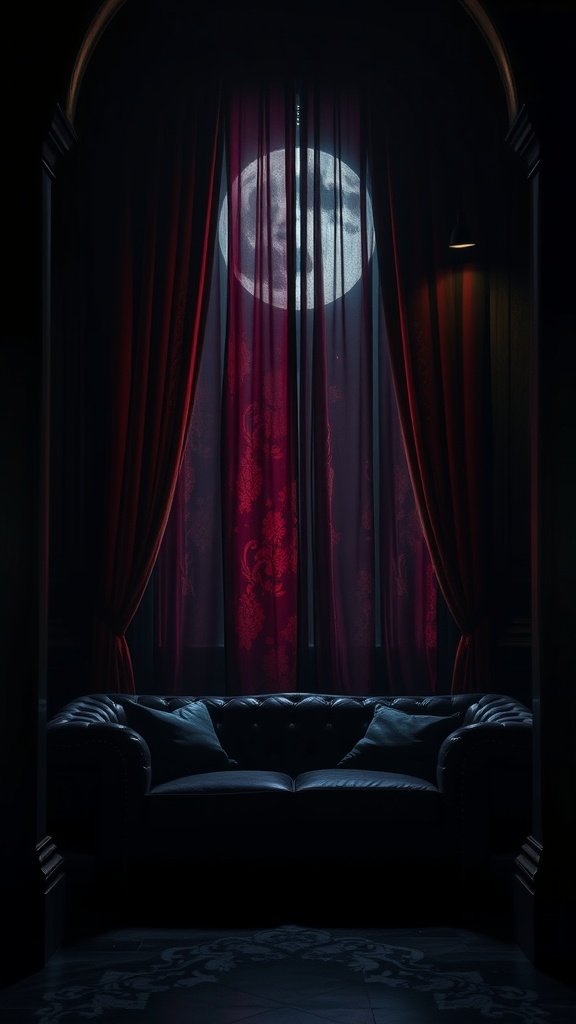 Luxurious room inspired by Dathomir with red drapes and a leather sofa, illuminated by moonlight.