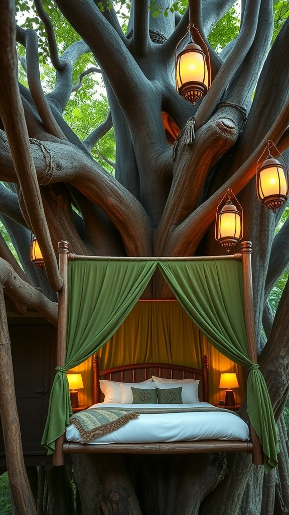 A luxurious canopy bed suspended in a Wroshyr tree, surrounded by warm lanterns and lush green fabric.