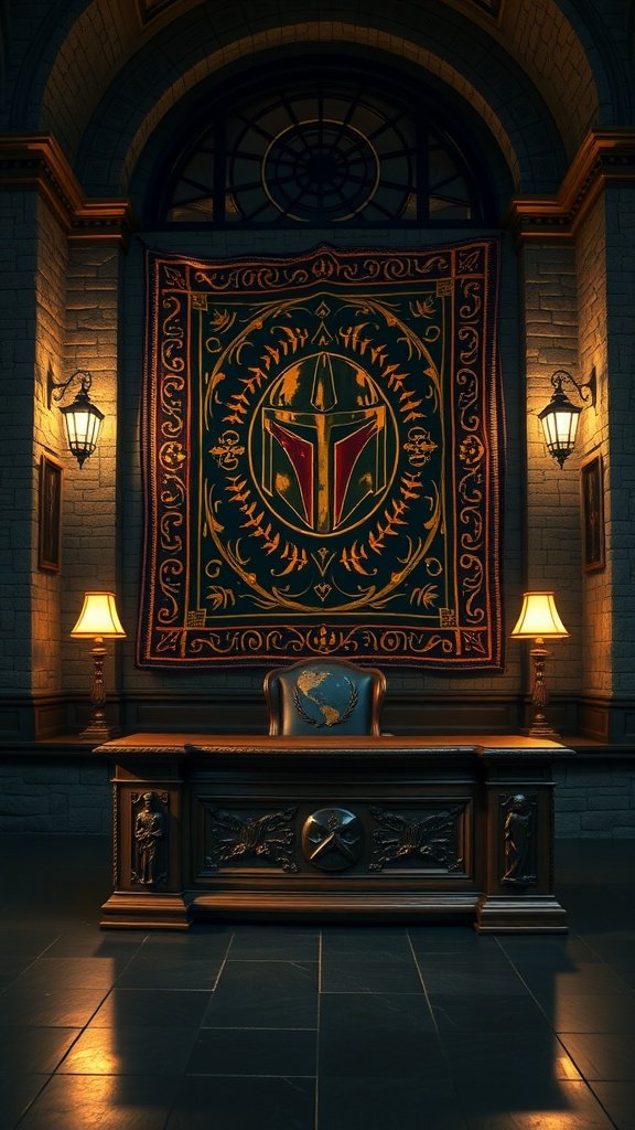 A luxurious library featuring a Beskar weave tapestry, ornate desk, and ambient lighting.