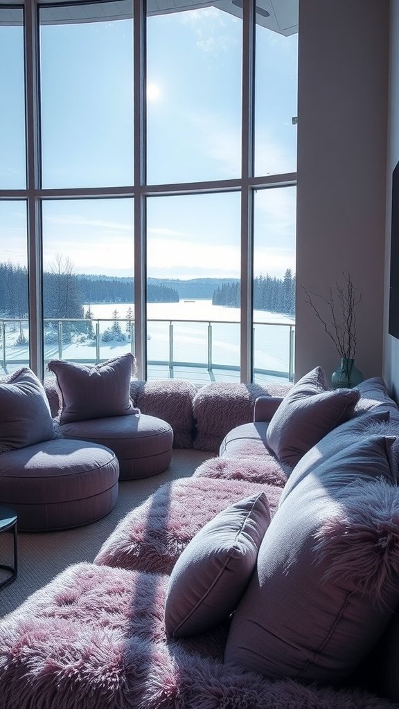 Luxurious living room with plush cushions and a scenic view of a frosted lake.