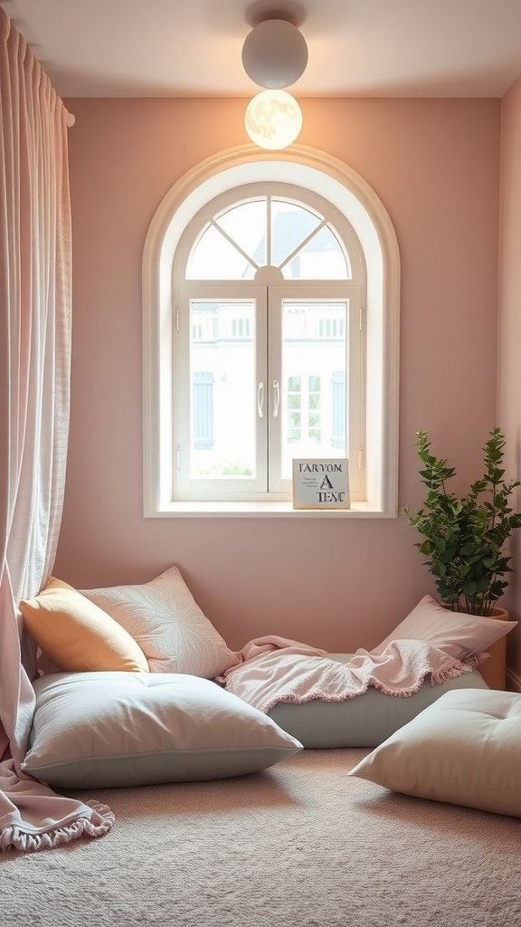 A cozy reading nook featuring pink walls, plush cushions, and an elegant arched window.