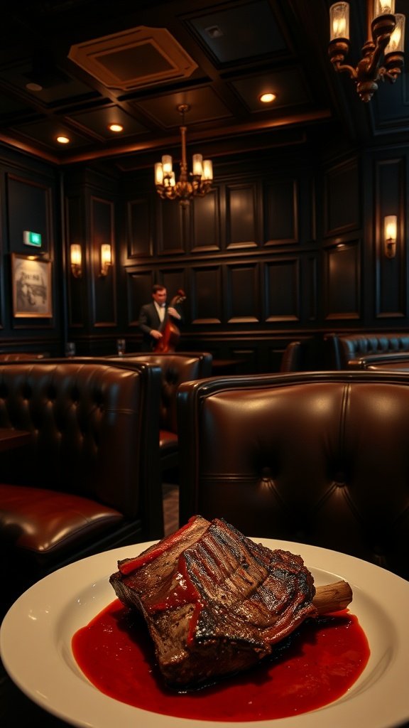 A beautifully plated smoked short rib au jus served in a classic restaurant setting.