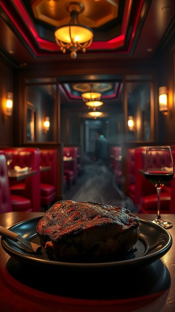 A beautifully cooked striploin steak on a plate with a red wine glaze, set in an elegant restaurant atmosphere.