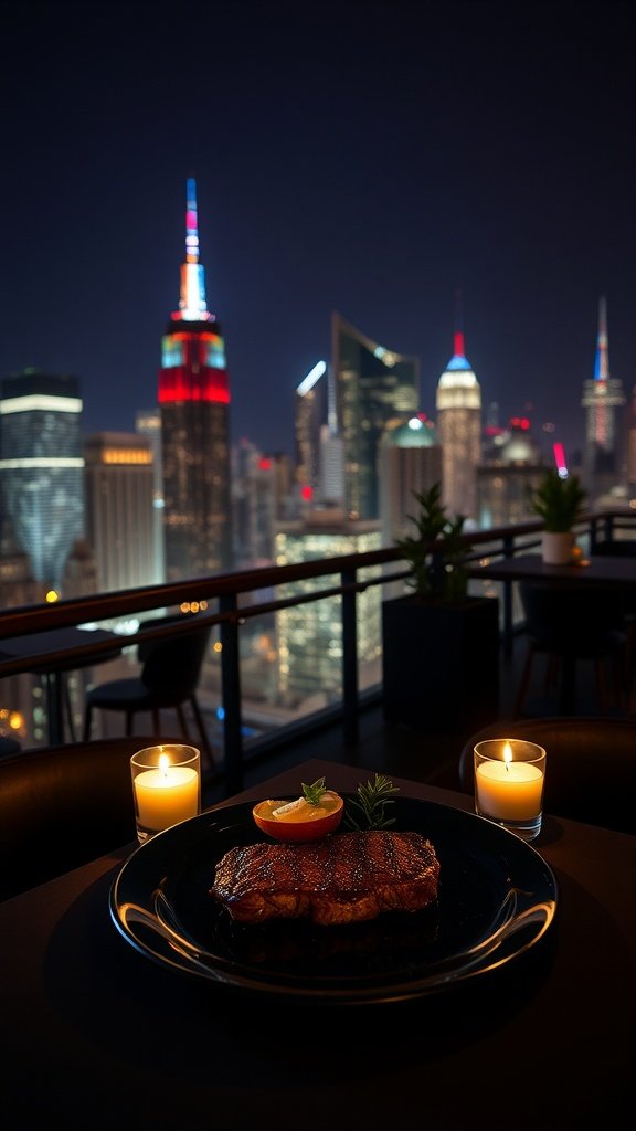 Espresso-Crusted Filet served elegantly with a city skyline background.