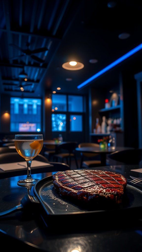 A perfectly grilled Black Pepper Crusted Ribeye steak on a plate, served with a drink