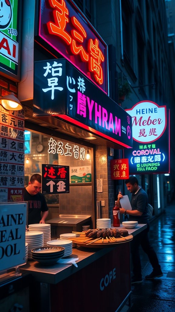 Korean BBQ beef skewers served at a vibrant food stall, showcasing a delicious dish inspired by Gotham City's culinary scene.