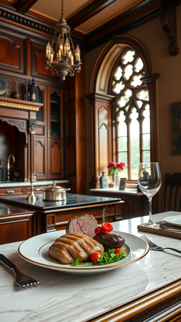 A beautifully plated Beef Wellington with mushrooms and vegetables, set in an elegant kitchen.