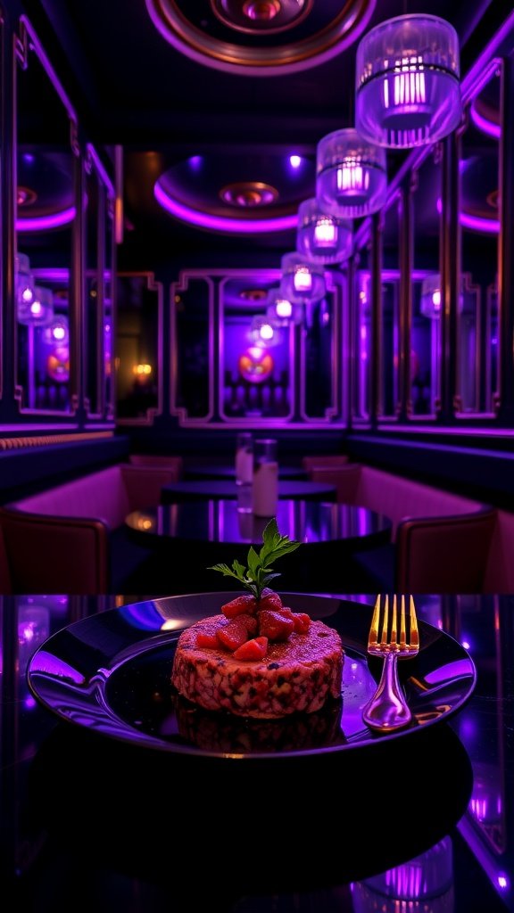 A plated steak tartare garnished with a quail egg and served in a stylish restaurant setting.