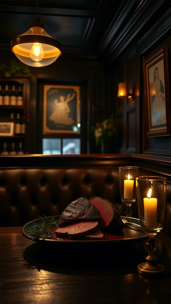 Herb-Crusted Roast Beef served with candles and a warm, cozy ambiance.
