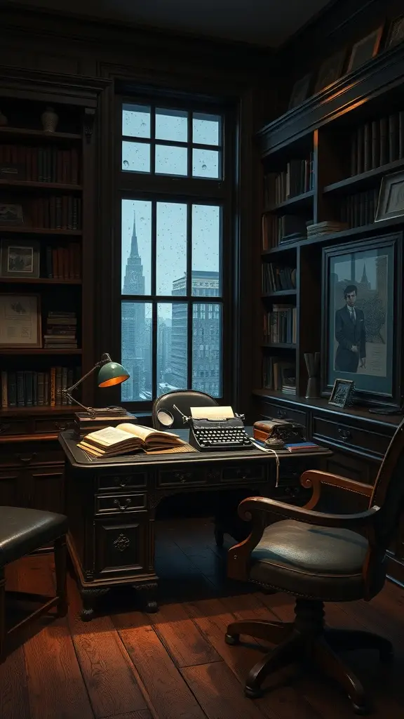 A cozy home office resembling a detective's study, featuring dark wood shelves, a vintage typewriter on a desk, and a view of the city skyline through a window.