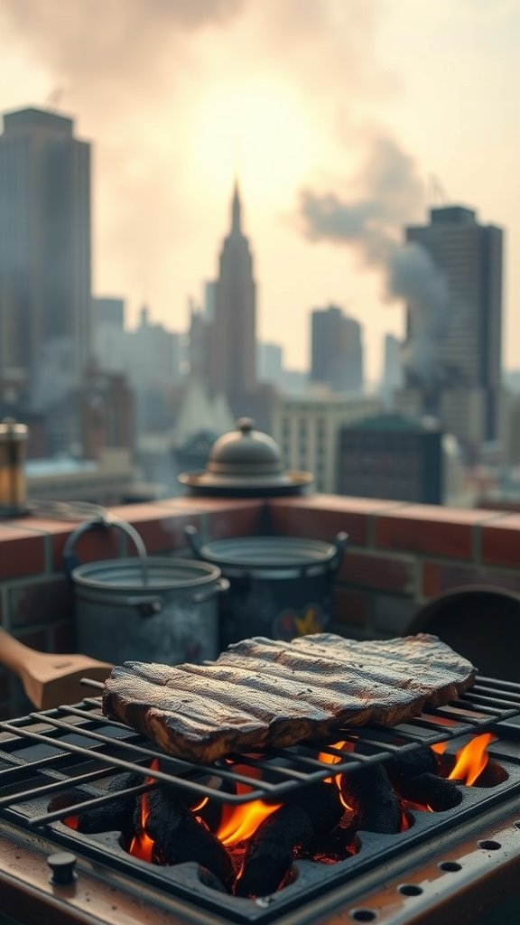 Grilled flank steak on a firepit grill with a city skyline in the background.