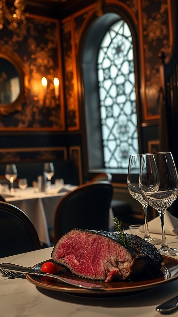 A beautifully cooked prime rib served with horseradish cream in an elegant dining setting.