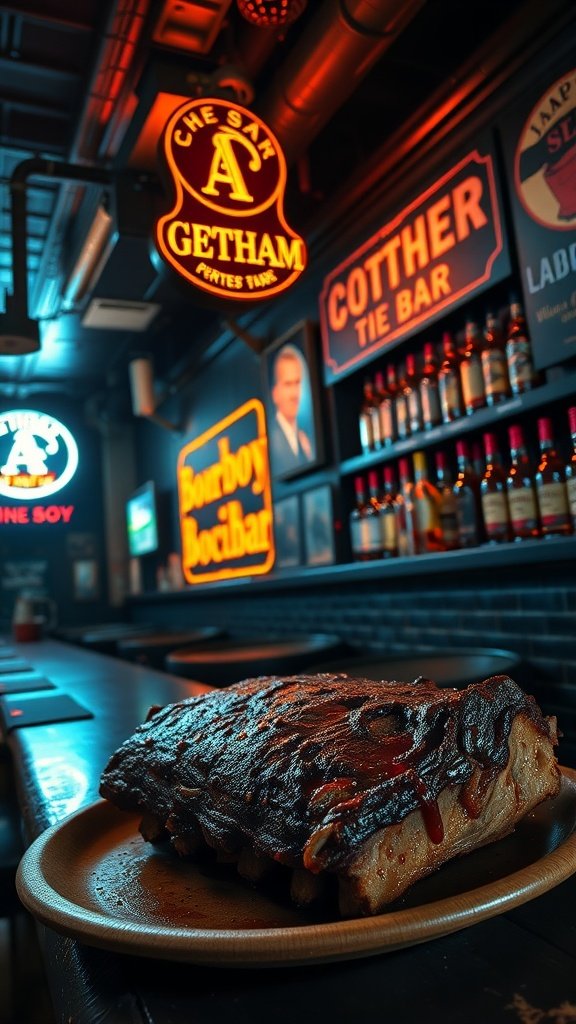 Bourbon glazed beef ribs served in a tavern setting.