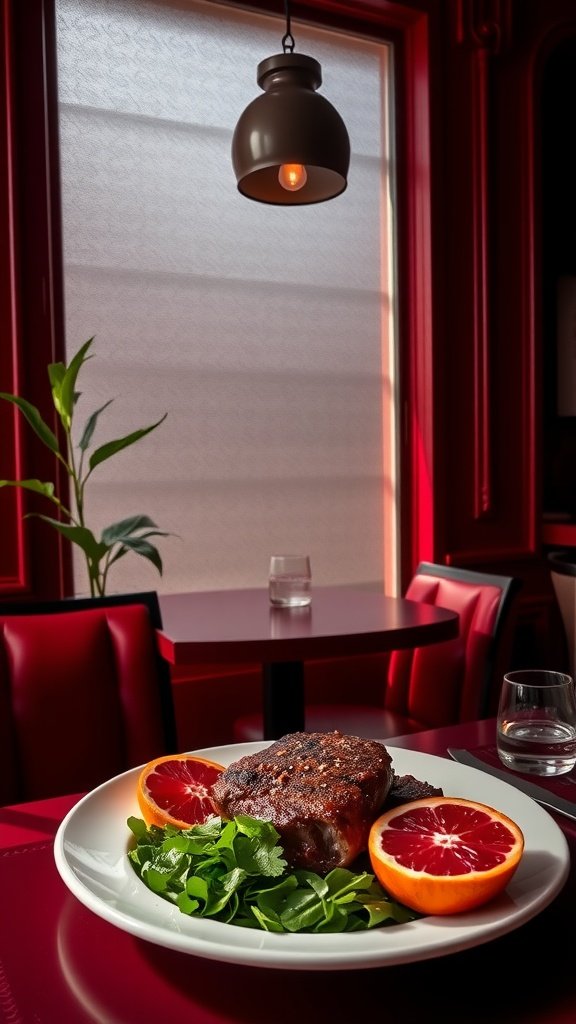 A delicious grilled steak salad with blood orange segments, served on a bed of greens.