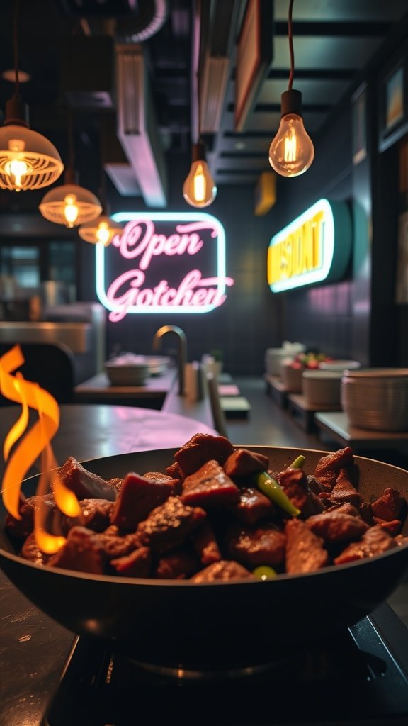 A sizzling pan of Szechuan pepper beef stir-fry with colorful vegetables, showcasing a lively restaurant kitchen.