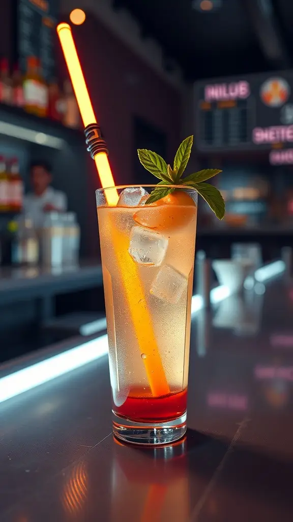 A colorful gin cocktail resembling a lightsaber, garnished with mint leaves.