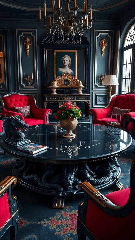 A luxurious living room featuring a black marble coffee table with dragon carvings, surrounded by red chairs, elegant décor, and a chandelier.