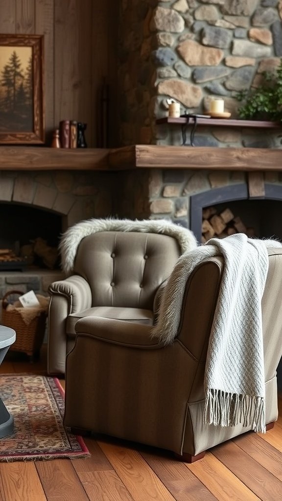 Cozy living room with fur-lined armchairs and a stone fireplace