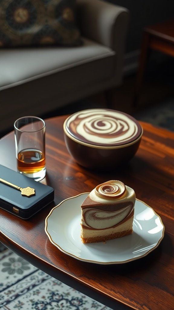 A slice of Madison Avenue Marble Cake on a plate next to a bowl of the same cake, featuring a beautiful marbled design.