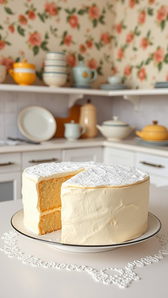A slice of Betty Draper's Lemon Chiffon Delight cake on a plate, showcasing its light texture and creamy frosting.