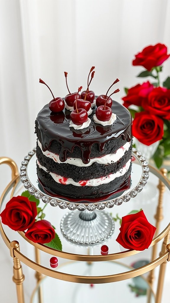 A delicious Cherry Liqueur Black Forest Cake with chocolate layers and cherries on top.