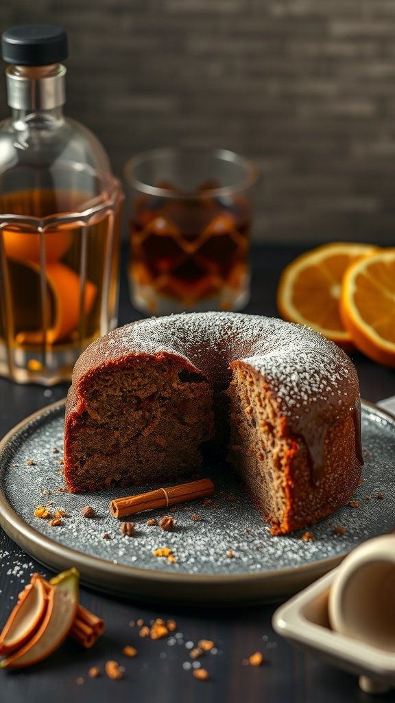 A slice of Old Fashioned Manhattan Spice Cake on a plate surrounded by whiskey and orange slices.
