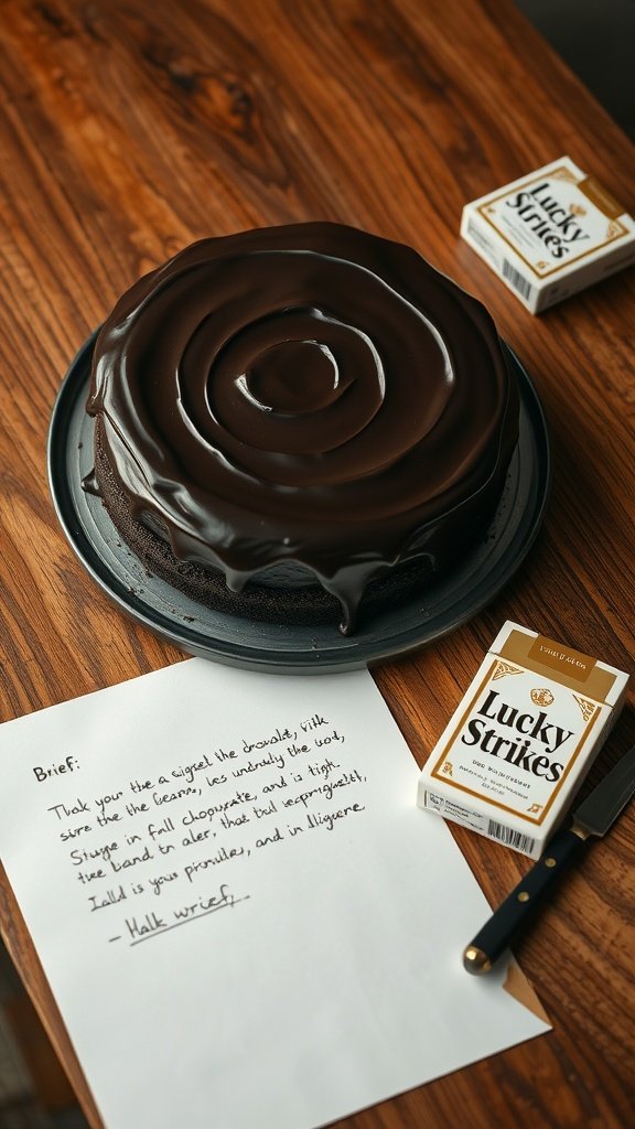 A classic dark chocolate cake with a glossy ganache topping on a wooden surface.