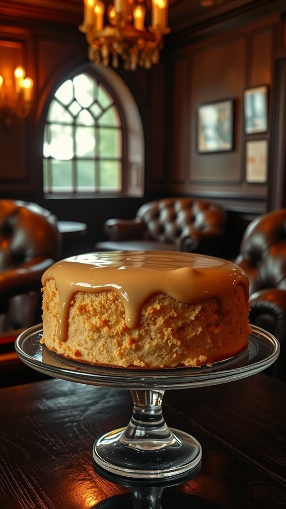 A beautifully decorated cake on a glass stand, showcasing a smooth glaze.