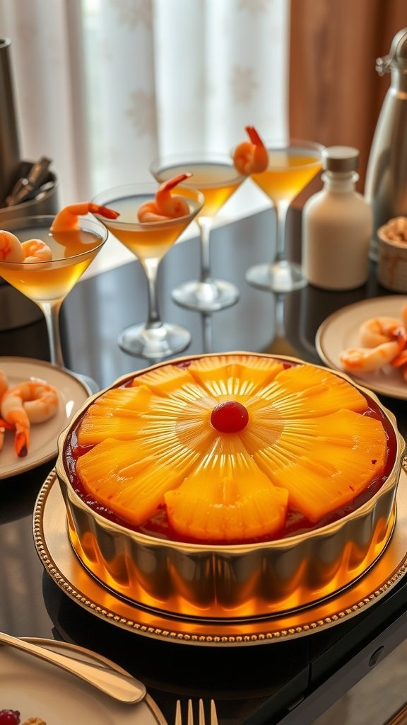 A beautifully arranged Pineapple Upside-Down Cake topped with pineapple slices and cherries.