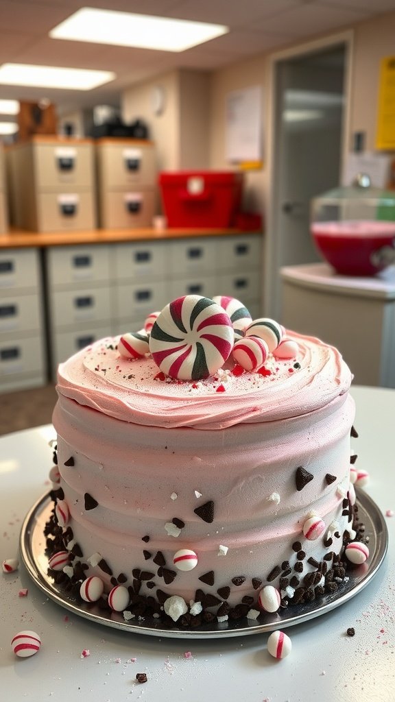 A beautifully decorated peppermint mocha cake with festive toppings.