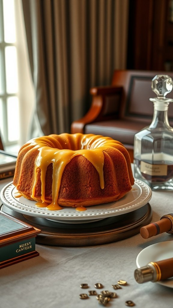 A beautifully crafted bundt cake drizzled with bourbon glaze, set in an elegant boardroom atmosphere.