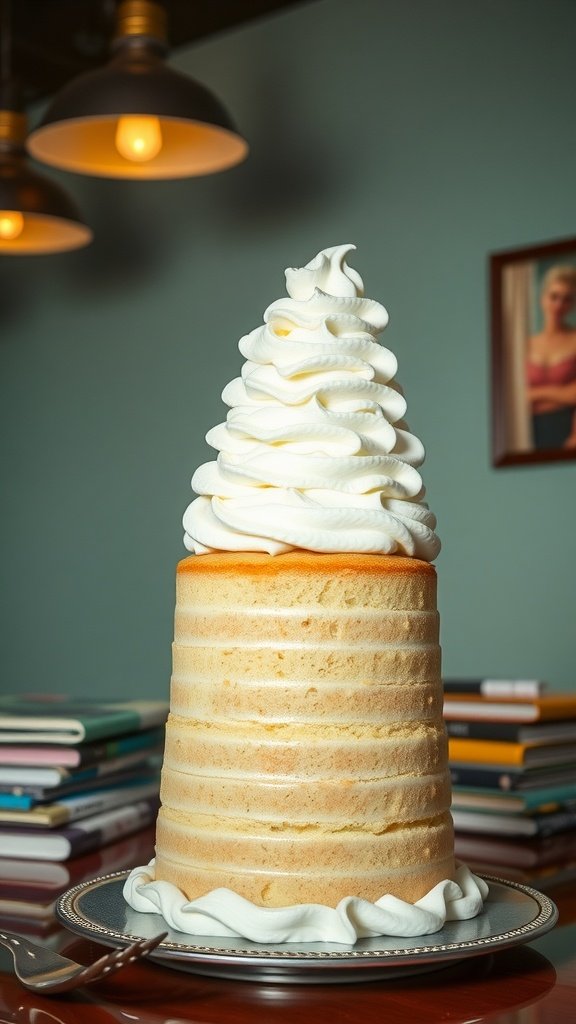 A beautifully stacked angel food cake topped with whipped cream, perfect for an afternoon gathering.