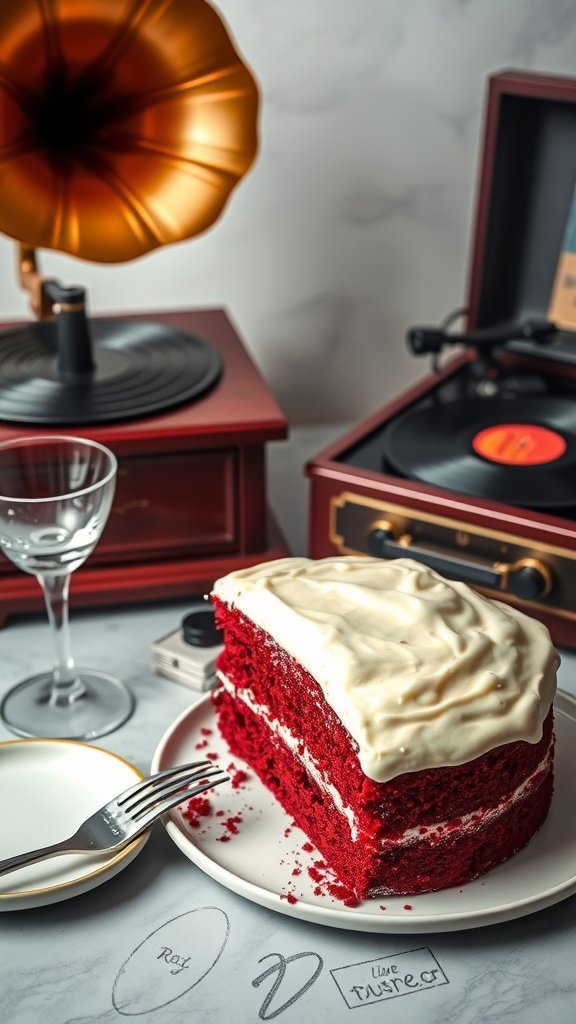 Cream Cheese Red Velvet Cake with a vintage vibe, perfect for a 1960s cocktail hour.
