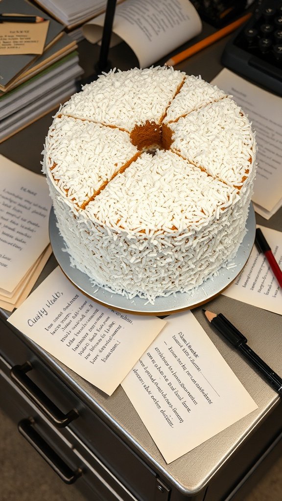 A coconut layer cake on a round plate surrounded by notes and a typewriter.