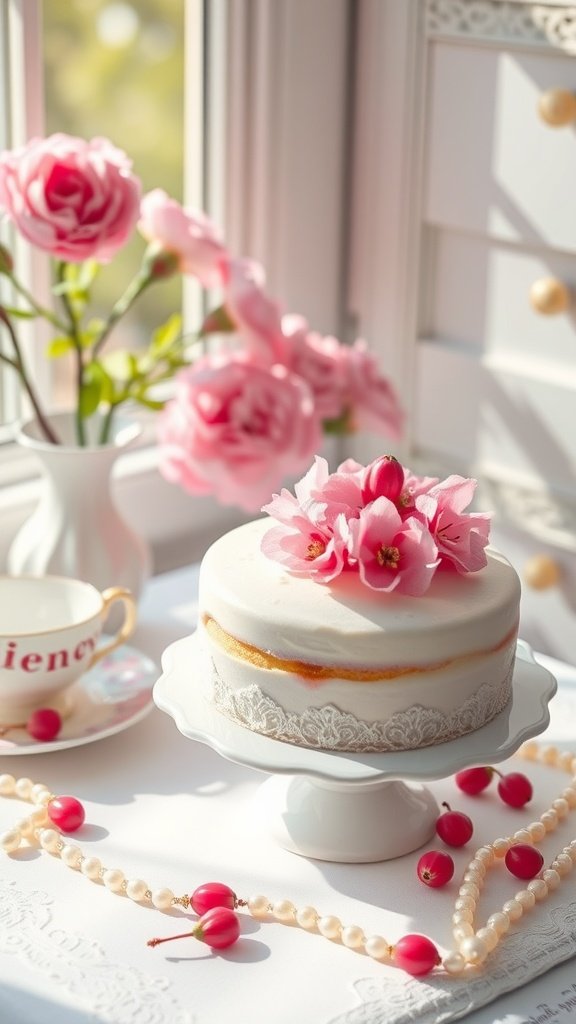 A beautifully decorated Cherry Blossom Park Avenue Tea Cake on a pedestal stand, surrounded by pink flowers and pearls