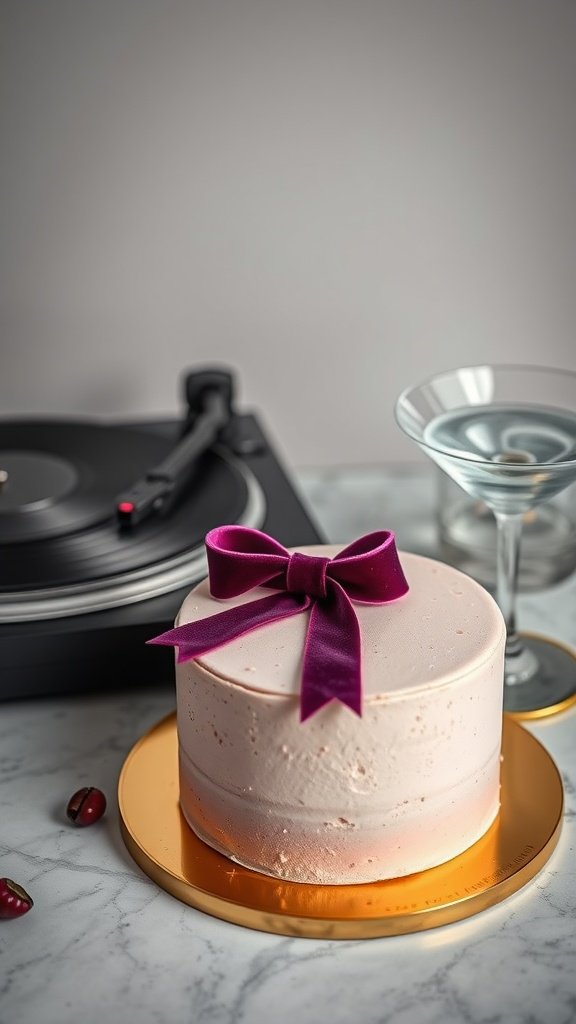 A beautifully decorated chocolate mousse cake with a velvet ribbon on top, inspired by 1960s aesthetics.