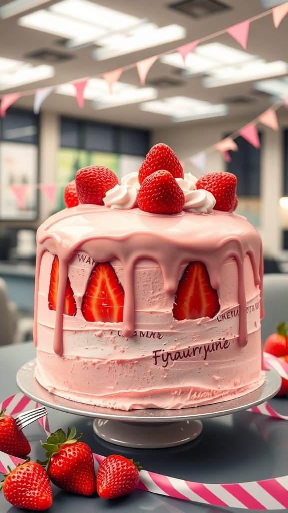 A beautifully decorated strawberry champagne cake with fresh strawberries and whipped cream